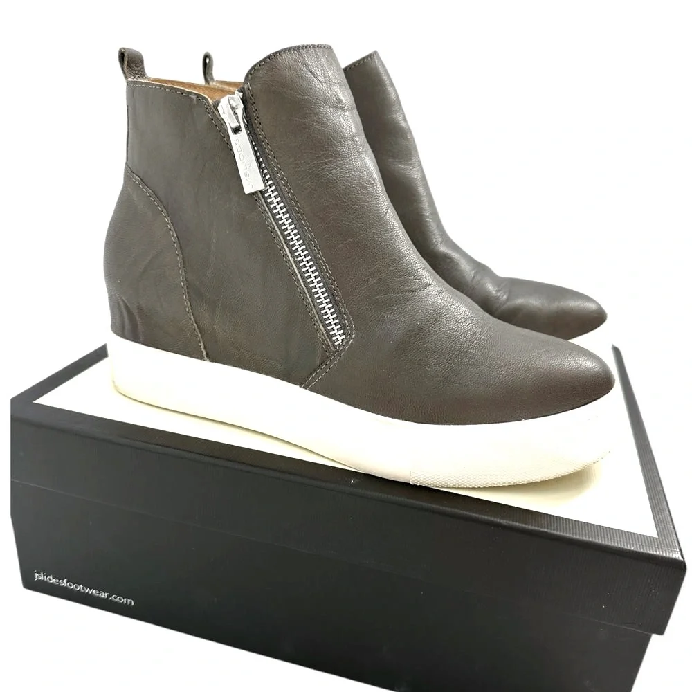 J/Slides Sky Leather Wedge Sneaker Boots Hidden Heel‎ Zip Detail Gray Size 8.5